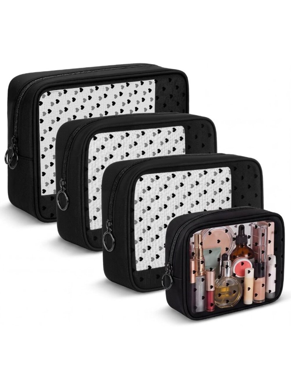 4 Pcs Heart Mesh Toiletry Bags Set - Makeup Organizer, 3 Sizes, Black